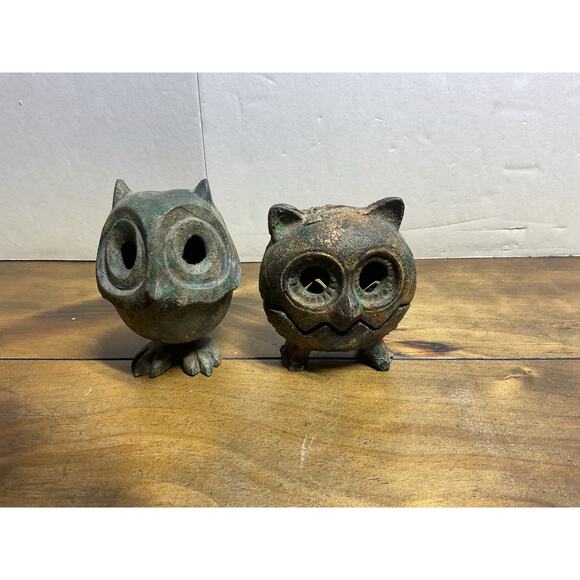 Set Of 2 Vintage Japanese Brass Owl Mid-Century Era Cast Iron - Picture 2 of 12